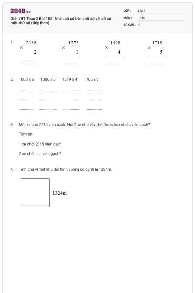 Giải VBT Toán 3 Bài 108: Nhân số có bốn chữ số với số có một chữ số (tiếp theo)