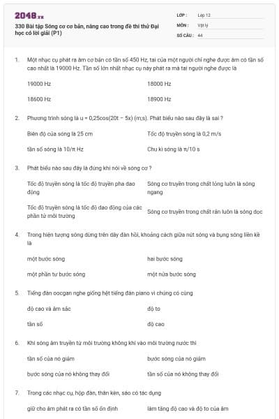 330 Bài tập Sóng cơ cơ bản, nâng cao trong đề thi thử Đại học có lời giải (P1)