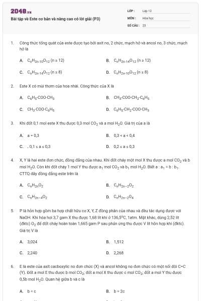 Bài tập về Este cơ bản và nâng cao có lời giải (P3)