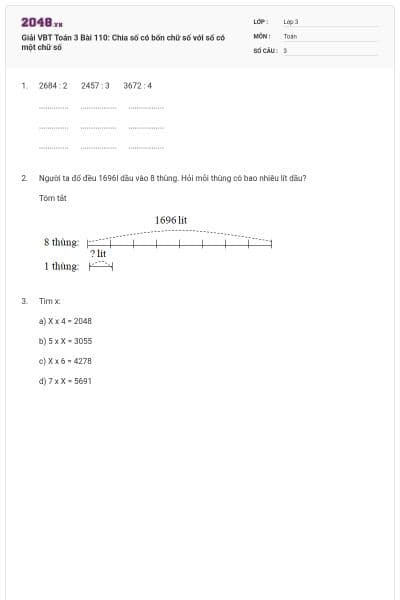 Giải VBT Toán 3 Bài 110: Chia số có bốn chữ số với số có một chữ số
