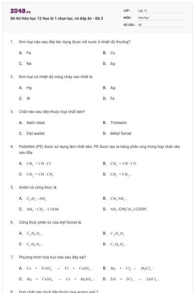 Đề thi Hóa học 12 Học kì 1 chọn lọc, có đáp án - Đề 2