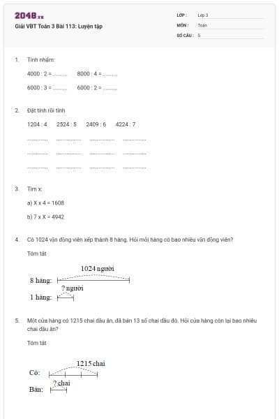 Giải VBT Toán 3 Bài 113: Luyện tập