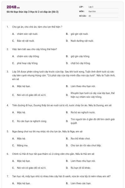 Đề thi Đạo Đức lớp 3 Học kì 2 có đáp án (Đề 3)