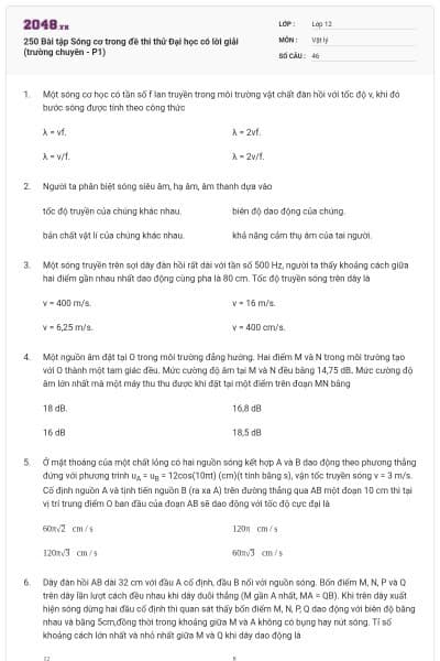 250 Bài tập Sóng cơ trong đề thi thử Đại học có lời giải (trường chuyên - P1)