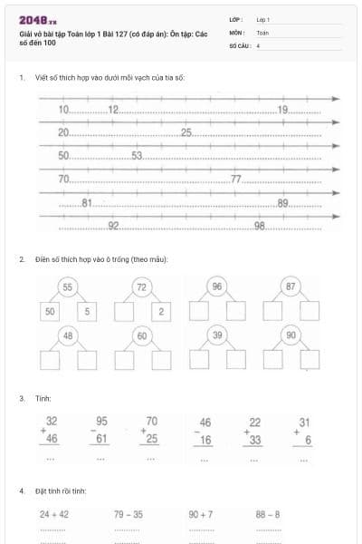 Giải vở bài tập Toán lớp 1 Bài 127 (có đáp án): Ôn tập: Các số đến 100