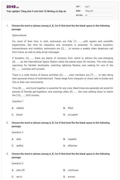 Trắc nghiệm Tiếng Anh 9 mới Unit 10 Writing có đáp án