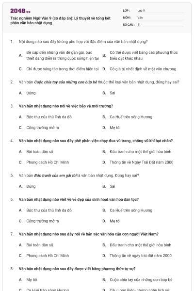 Trắc nghiệm Ngữ Văn 9 (có đáp án): Lý thuyết về tổng kết phần văn bản nhật dụng