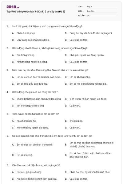 Top 5 Đề thi Đạo Đức lớp 3 Giữa kì 2 có đáp án (Đề 2)