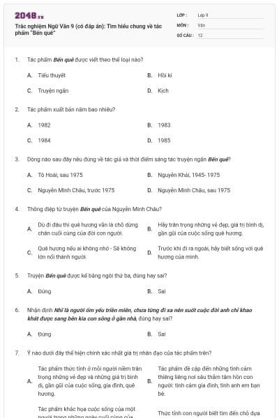 Trắc nghiệm Ngữ Văn 9 (có đáp án): Tìm hiểu chung về tác phẩm “Bến quê”