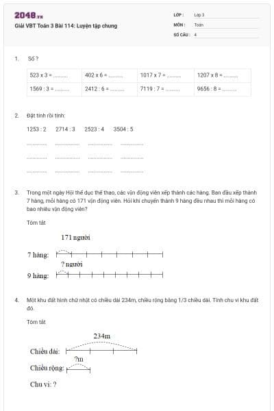 Giải VBT Toán 3 Bài 114: Luyện tập chung
