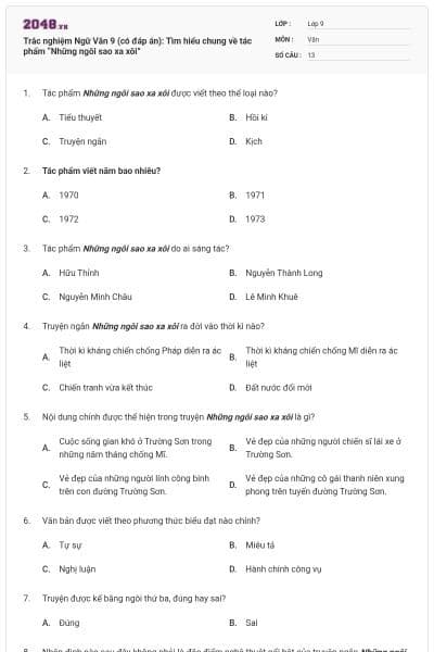 Trắc nghiệm Ngữ Văn 9 (có đáp án): Tìm hiểu chung về tác phẩm “Những ngôi sao xa xôi”