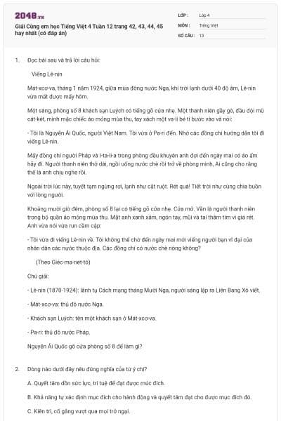 Giải Cùng em học Tiếng Việt 4 Tuần 12 trang 42, 43, 44, 45 hay nhất (có đáp án)