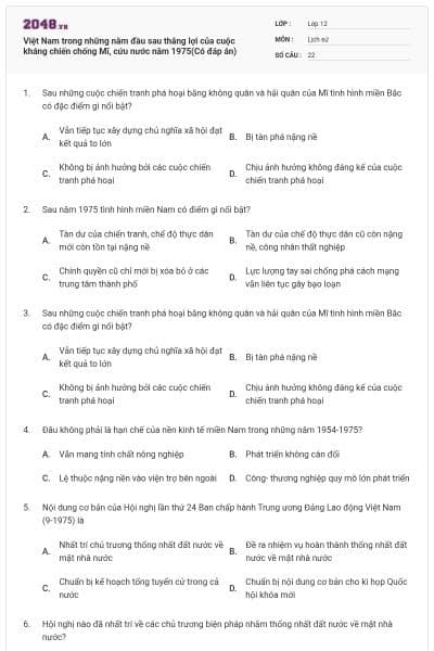 Việt Nam trong những năm đầu sau thắng lợi của cuộc kháng chiến chống Mĩ, cứu nước năm 1975(Có đáp án)