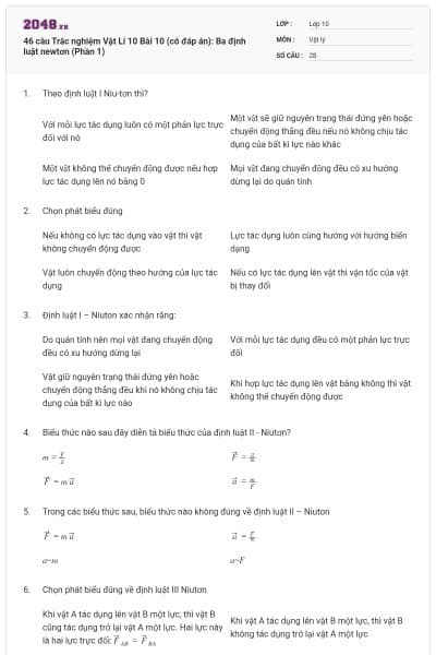 46 câu Trắc nghiệm Vật Lí 10 Bài 10 (có đáp án): Ba định luật newtơn (Phần 1)