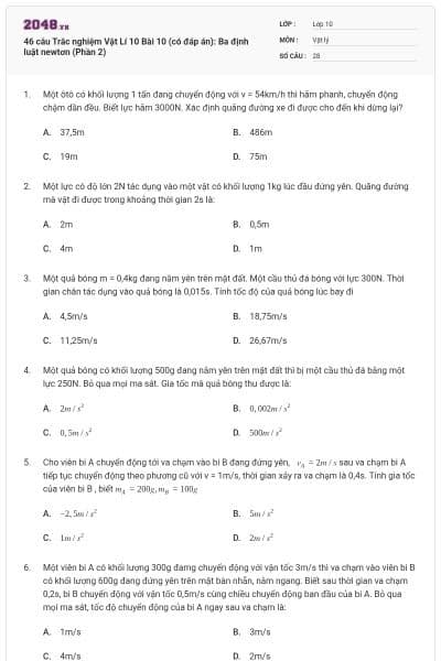 46 câu Trắc nghiệm Vật Lí 10 Bài 10 (có đáp án): Ba định luật newtơn (Phần 2)