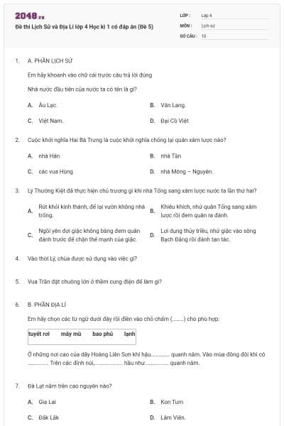 Đề thi Lịch Sử và Địa Lí lớp 4 Học kì 1 có đáp án (Đề 5)