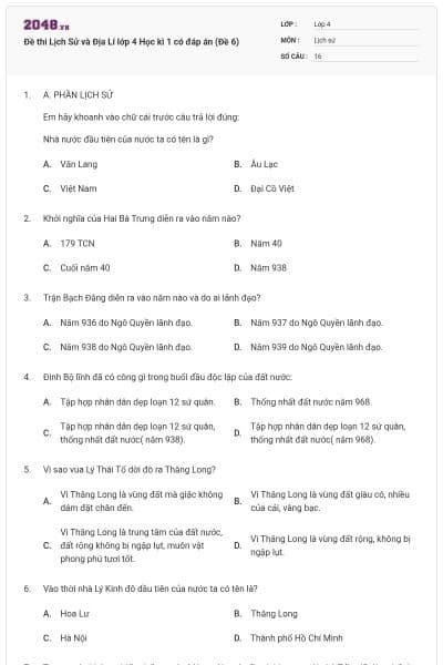 Đề thi Lịch Sử và Địa Lí lớp 4 Học kì 1 có đáp án (Đề 6)