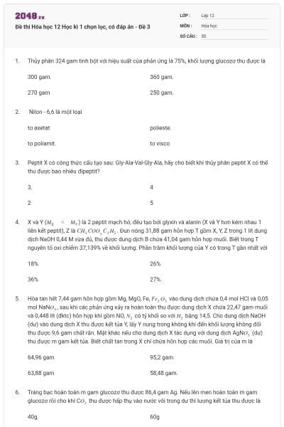 Đề thi Hóa học 12 Học kì 1 chọn lọc, có đáp án - Đề 3