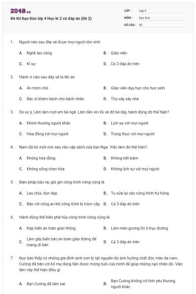 Đề thi Đạo Đức lớp 4 Học kì 2 có đáp án (Đề 2)