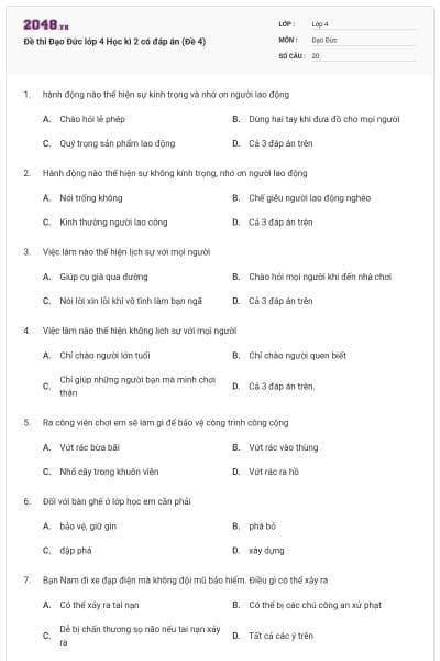 Đề thi Đạo Đức lớp 4 Học kì 2 có đáp án (Đề 4)