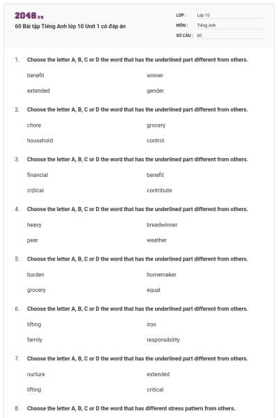 60 Bài tập Tiếng Anh lớp 10 Unit 1 có đáp án
