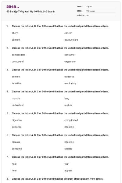 60 Bài tập Tiếng Anh lớp 10 Unit 2 có đáp án