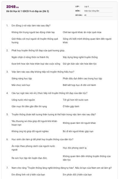 Đề thi Học kì 1 GDCD 9 có đáp án (Đề 3)