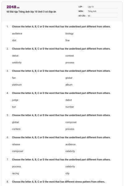 60 Bài tập Tiếng Anh lớp 10 Unit 3 có đáp án