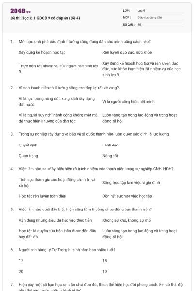 Đề thi Học kì 1 GDCD 9 có đáp án (Đề 4)