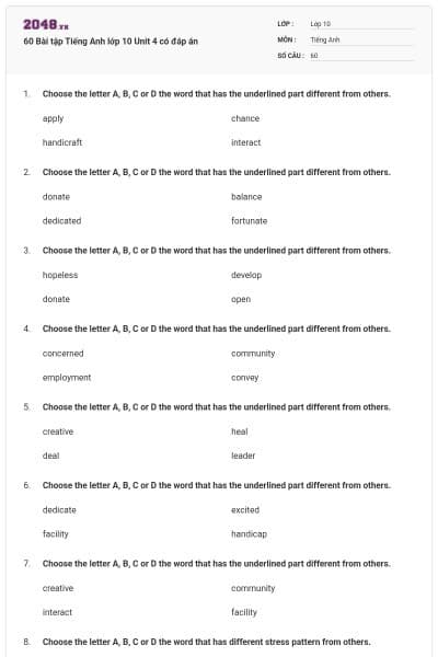 60 Bài tập Tiếng Anh lớp 10 Unit 4 có đáp án