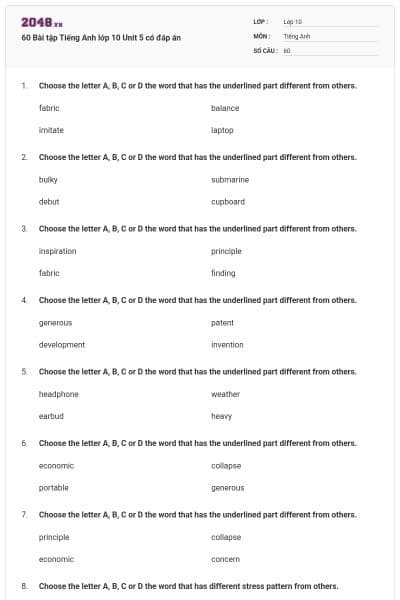 60 Bài tập Tiếng Anh lớp 10 Unit 5 có đáp án