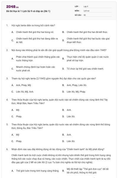 Đề thi Học kì 1 Lịch Sử 9 có đáp án (Đề 1)
