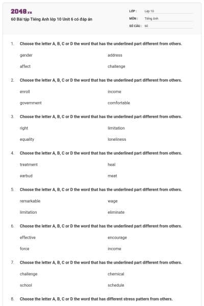 60 Bài tập Tiếng Anh lớp 10 Unit 6 có đáp án