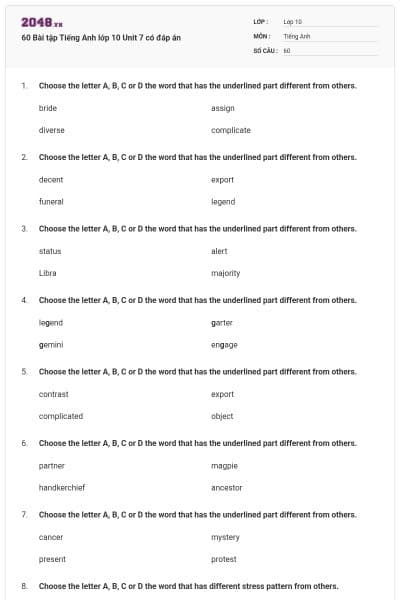60 Bài tập Tiếng Anh lớp 10 Unit 7 có đáp án