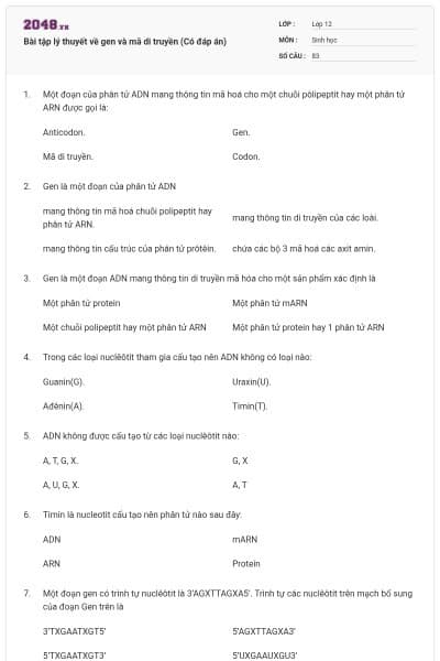 Bài tập lý thuyết về gen và mã di truyền (Có đáp án)