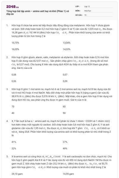 Tổng hợp bài tập amin – amino axit hay và khó (Phần 1) có đáp án