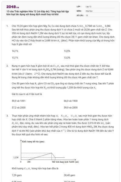 13 câu Trắc nghiệm Hóa 12 (có đáp án): Tổng hợp bài tập kim loại tác dụng với dung dịch muối hay và khó