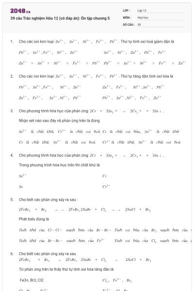 39 câu Trắc nghiệm Hóa 12 (có đáp án): Ôn tập chương 5