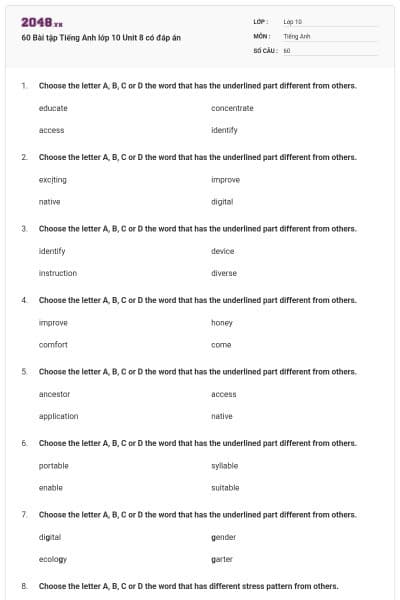 60 Bài tập Tiếng Anh lớp 10 Unit 8 có đáp án