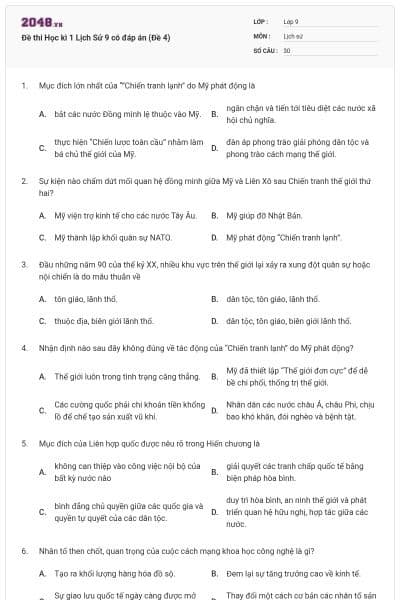 Đề thi Học kì 1 Lịch Sử 9 có đáp án (Đề 4)