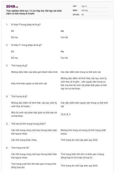 Trắc nghiệm Sinh học 12 (có đáp án): Bài tập các khái niệm cơ bản trong di truyền