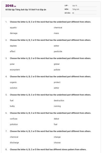 60 Bài tập Tiếng Anh lớp 10 Unit 9 có đáp án