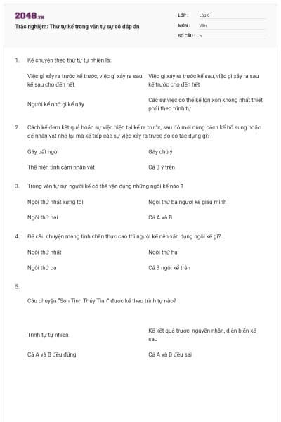 Trắc nghiệm: Thứ tự kể trong văn tự sự có đáp án
