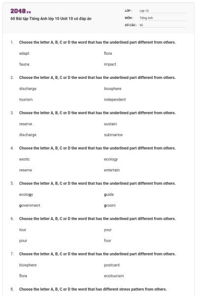 60 Bài tập Tiếng Anh lớp 10 Unit 10 có đáp án
