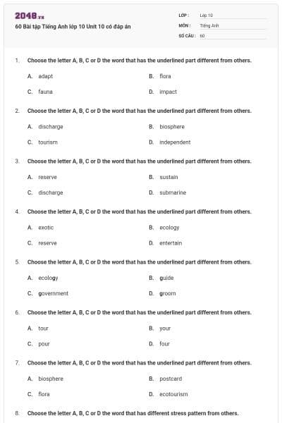 60 Bài tập Tiếng Anh lớp 10 Unit 10 có đáp án