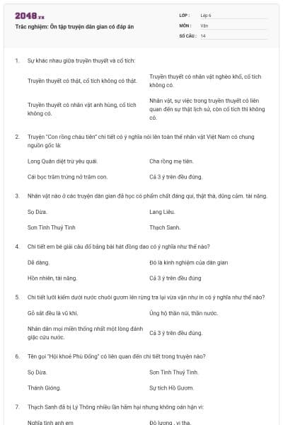 Trắc nghiệm: Ôn tập truyện dân gian có đáp án