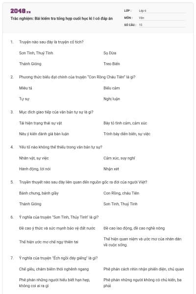 Trắc nghiệm: Bài kiểm tra tổng hợp cuối học kì I có đáp án