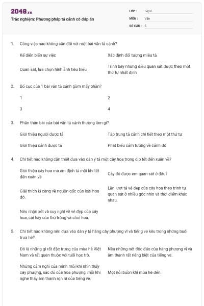 Trắc nghiệm: Phương pháp tả cảnh có đáp án