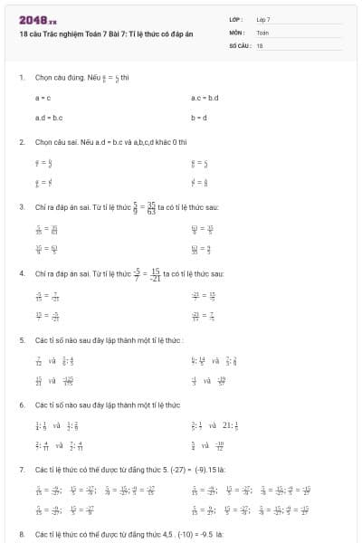18 câu Trắc nghiệm Toán 7 Bài 7: Tỉ lệ thức có đáp án
