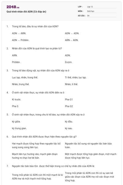 Quá trình nhân đôi ADN (Có đáp án)